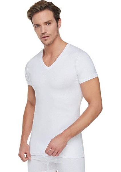 Erkek Ribana Esnek Yapılı Soft V Yaka Beyaz Atlet TER0107 6'lı Paket + Elastan Likralı Pamuklu Boxer Siyah Külot TER0114 6'lı Paket