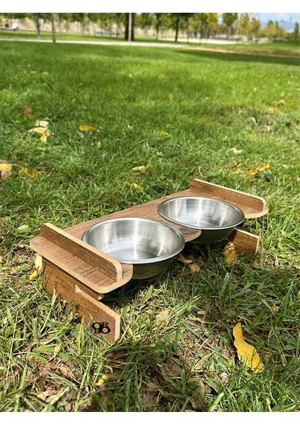 Kedi Köpek Çiftli Geçmelimama Kabı Tahta Metal Kombini Paslanmaz.