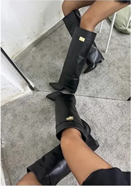 Volante Kadın Siyah Topuklu Çizme Suni Deri Orta Topuklu Günlük Kullanım İçin