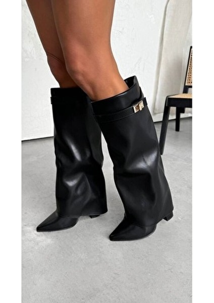 Volante Kadın Siyah Topuklu Çizme Suni Deri Orta Topuklu Günlük Kullanım İçin fiyatları