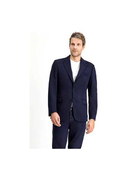 Slim Fit Dar Kesim Klasik Ceket Erkek %100 Polyester Uzun Kol Cepsiz Koyu Lacivert