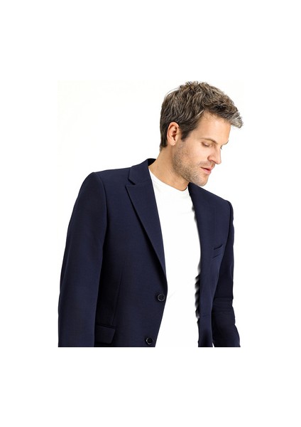 Slim Fit Dar Kesim Klasik Ceket Erkek %100 Polyester Uzun Kol Cepsiz Koyu Lacivert modelleri