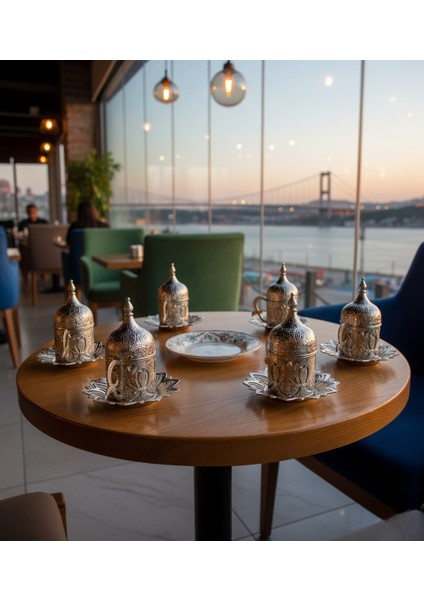 Ahsen 6 Kişilik Kapaklı Lale Desenli Türk Kahve Fincanı Seti 24 Parça Gümüş Renkli fırsatları