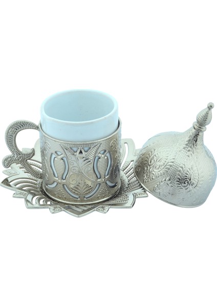 Ahsen 6 Kişilik Kapaklı Lale Desenli Türk Kahve Fincanı Seti 24 Parça Gümüş Renkli