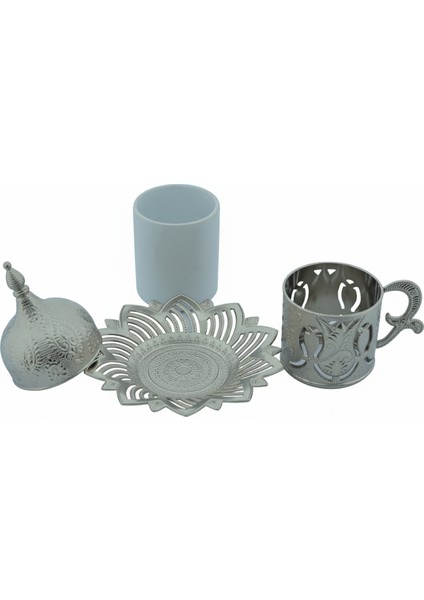 Ahsen 6 Kişilik Kapaklı Lale Desenli Türk Kahve Fincanı Seti 24 Parça Gümüş Renkli