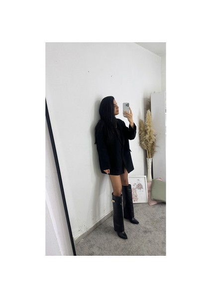 Volante Kadın Siyah Topuklu Çizme Suni Deri Orta Boy Kalın Topuk ile Şık Görünüm indirimleri