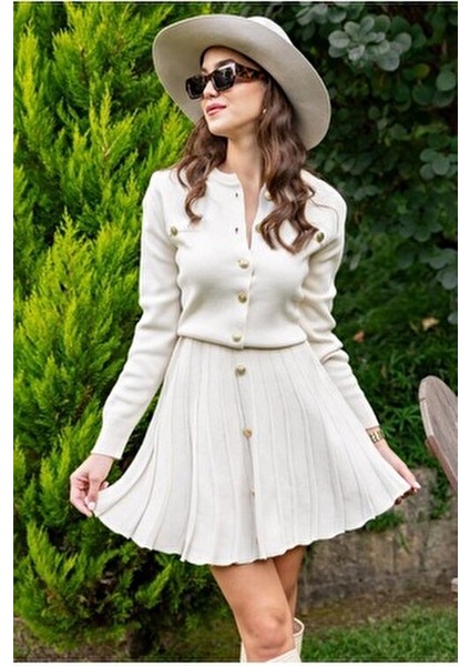 Ekru Gold Düğmeli Triko Pileli Hırka Etek Takım Xs-S-M Bedene Uygundur. fiyatları