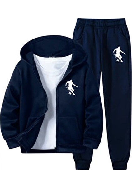 Futbol Karakter Baskılı Fermuarlı Erkek Çocuk Alt Üst Eşofman Takımı
