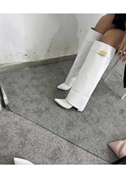 Volante Kadın Topuklu Çizme Suni Deri Beyaz Orta Topuklu Günlük Kullanım İçin