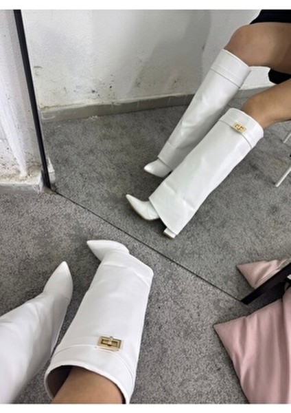 Volante Kadın Topuklu Çizme Suni Deri Beyaz Orta Topuklu Günlük Kullanım İçin modelleri