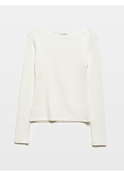 31332 Kayık Yaka Uzun Kollu Top-Ekru