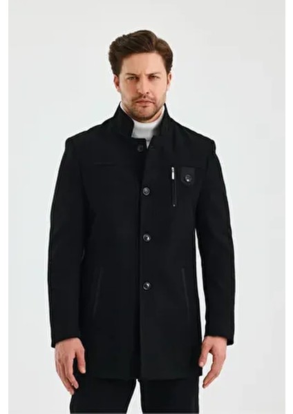Erkek Siyah Renk Kaşe Kaban Dik Yaka Kalın Astarlı Günlük Stil