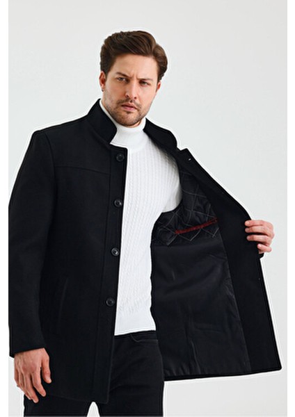 Erkek Siyah Renk Kaşe Kaban Dik Yaka Kalın Astarlı Günlük Stil modelleri