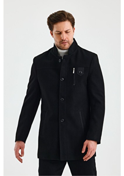 Erkek Siyah Renk Kaşe Kaban Dik Yaka Kalın Astarlı Günlük Stil fırsatları