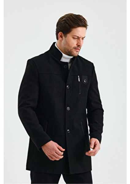 Erkek Siyah Renk Kaşe Kaban Dik Yaka Kalın Astarlı Günlük Stil indirimleri