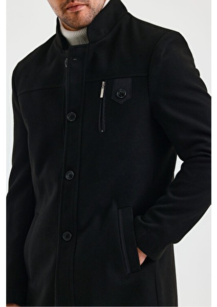 Erkek Siyah Renk Kaşe Kaban Dik Yaka Kalın Astarlı Günlük Stil