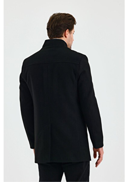 Erkek Siyah Renk Kaşe Kaban Dik Yaka Kalın Astarlı Günlük Stil