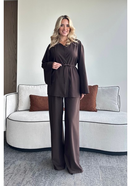 Kahverengi Ipli Kimono Takım - 8864