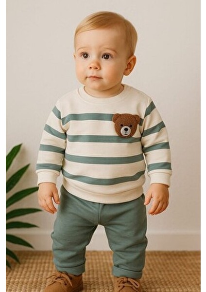 Çizgili Punch Ayıcık Omuzdan Çıtçıtlı Bebek Takımı 2li Alt Üst Mevsimlik Aylık 3-6-9-12AY
