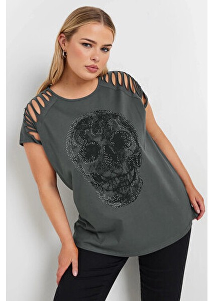 Büyük Beden Bisiklet Yaka Kesik Omuz Detaylı Taş Baskılı T-Shirt 322123