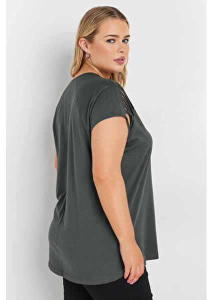 Büyük Beden Bisiklet Yaka Kesik Omuz Detaylı Taş Baskılı T-Shirt 322123 indirimleri