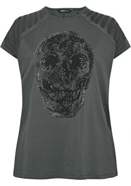 Büyük Beden Bisiklet Yaka Kesik Omuz Detaylı Taş Baskılı T-Shirt 322123
