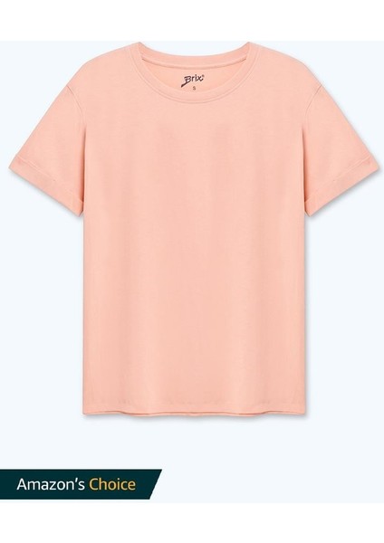 Kadın Kısa Kollu Rahat Kalıp %100 Pamuk T-Shirt Somon Renk