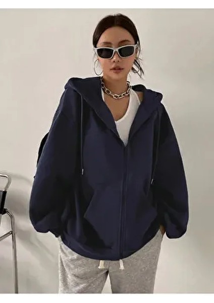 Siyah Fermuarlı Kapüşonlu Hırka Düz Desenli Örme Kumaş ile Günlük Kullanıma Uygun