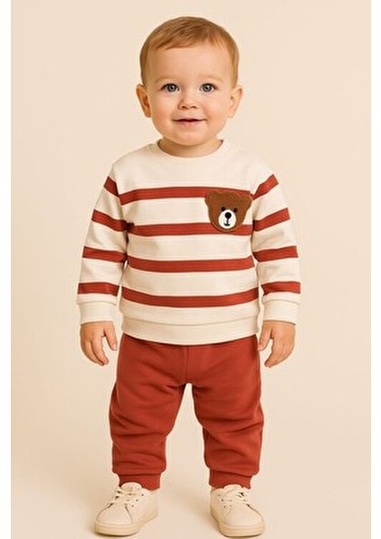 Çizgili Punch Ayıcık Omuzdan Çıtçıtlı Bebek Takımı 2li Alt Üst Mevsimlik Aylık 3-6-9-12AY
