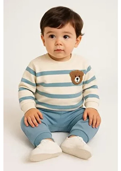 Çizgili Punch Ayıcık Omuzdan Çıtçıtlı Bebek Takımı 2li Alt Üst Mevsimlik Aylık 3-6-9-12AY