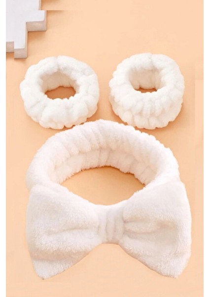 Peluş Beyaz Bileklik + Makyaj ve Banyo Bandı Seti