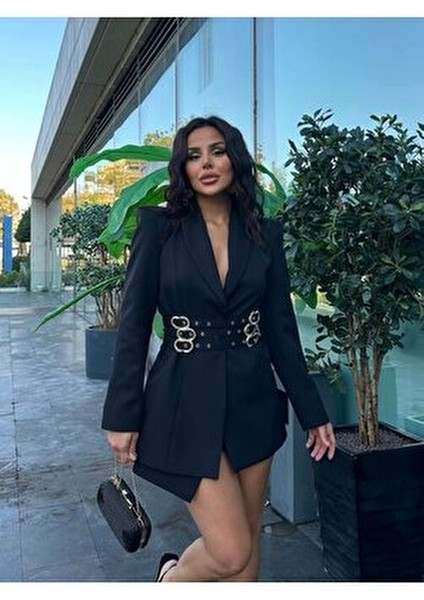 Kadın Düz Desenli Kemer Detaylı Blazer Ceket Uzun Kol Regular Kalıp Casual Stil fiyatları