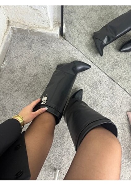 Siyah Tozluk Detaylı Kadın Topuklu Çizme Suni Deri Dolgu Topuk Şık Tasarım modelleri