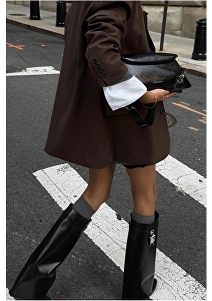 Siyah Tozluk Detaylı Kadın Topuklu Çizme Suni Deri Dolgu Topuk Şık Tasarım fırsatları