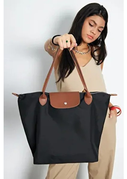 Katlanır Fermuarlı Büyük Boy Siyah Taba Kadın El Kol Omuz ve Plaj Çantası