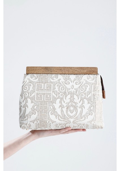 Kadın Krem Otantik Desen Clutch Çanta
