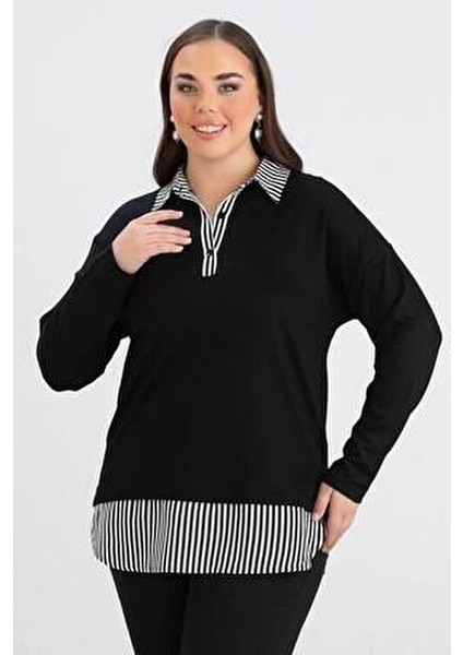 Kadın Büyük Beden Yaka Etek Ucu Çizgili Dokuma Gömlek Detay Yan Oval Kesim Esnek Viskon Bluz