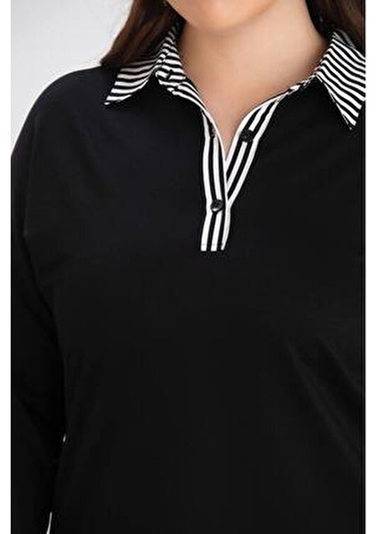 Kadın Büyük Beden Yaka Etek Ucu Çizgili Dokuma Gömlek Detay Yan Oval Kesim Esnek Viskon Bluz fiyatları