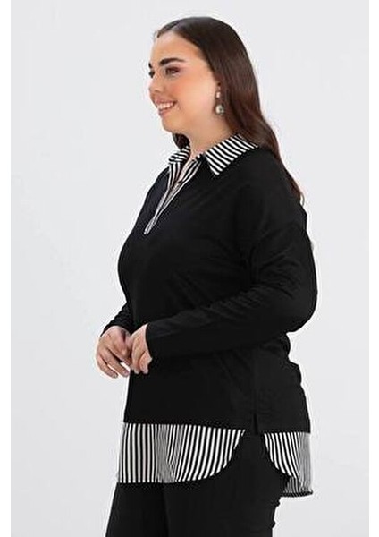 Kadın Büyük Beden Yaka Etek Ucu Çizgili Dokuma Gömlek Detay Yan Oval Kesim Esnek Viskon Bluz fırsatları