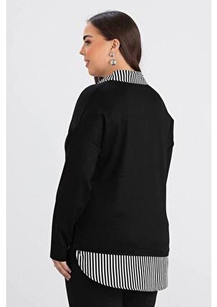 Kadın Büyük Beden Yaka Etek Ucu Çizgili Dokuma Gömlek Detay Yan Oval Kesim Esnek Viskon Bluz indirimleri