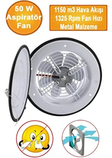 Havalandırma Aspiratörü Kapaklı Vantilatör 300 mm Banyo Wc Işyeri Fanı Kirli Hava Kötü Koku Metal.