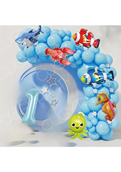Mavi Okyanus Temalı Doğum Günü Süsü Parti Seti 50 Adet Mavi Balon ve Deniz Canlıları