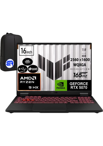 Tuf A16 FA608PP-QT031EP7 RTX5070 Ryzen 9 8940HX 48GB Ram 2tb SSD 16 Inç Wqxga 165Hz WIN11 Pro + Elektropasaj Çanta