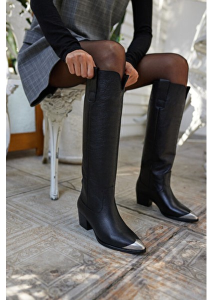 Smash Kadın Siyah Gercek Deri Burun Metal Çizme fırsatları