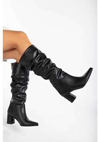 Büzgülü Sivri Burun Fermuarsız Topuklu Kadın Çizme modelleri