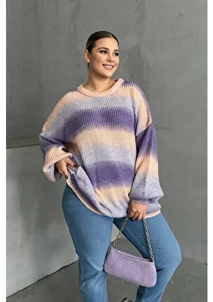 Büyük Beden Uzun Kollu Bisiklet Yaka Renk Bloklu Triko Kazak Dg-06