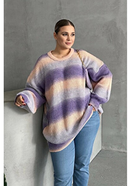 Büyük Beden Uzun Kollu Bisiklet Yaka Renk Bloklu Triko Kazak Dg-06 fırsatları