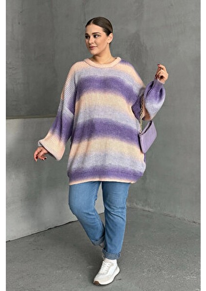 Büyük Beden Uzun Kollu Bisiklet Yaka Renk Bloklu Triko Kazak Dg-06 indirimleri