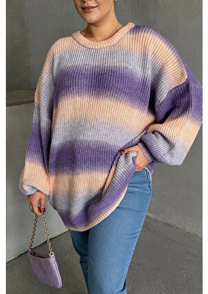 Büyük Beden Uzun Kollu Bisiklet Yaka Renk Bloklu Triko Kazak Dg-06