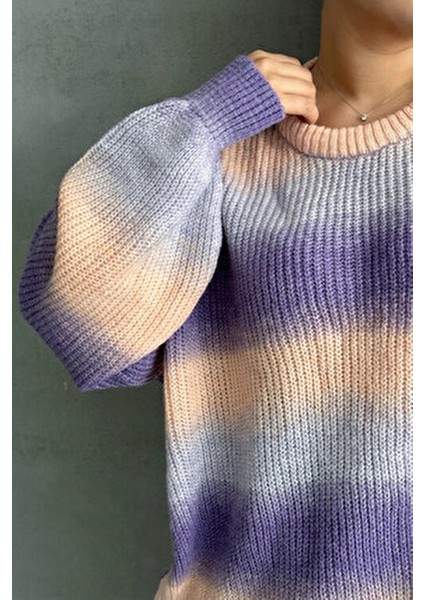 Büyük Beden Uzun Kollu Bisiklet Yaka Renk Bloklu Triko Kazak Dg-06